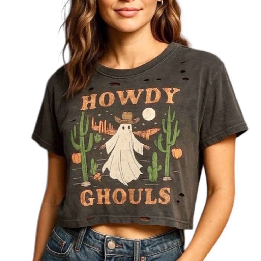 LA LUNA “HOWDY GHOULS” DISTRESSED CROP TEE w/STAR STUDS B